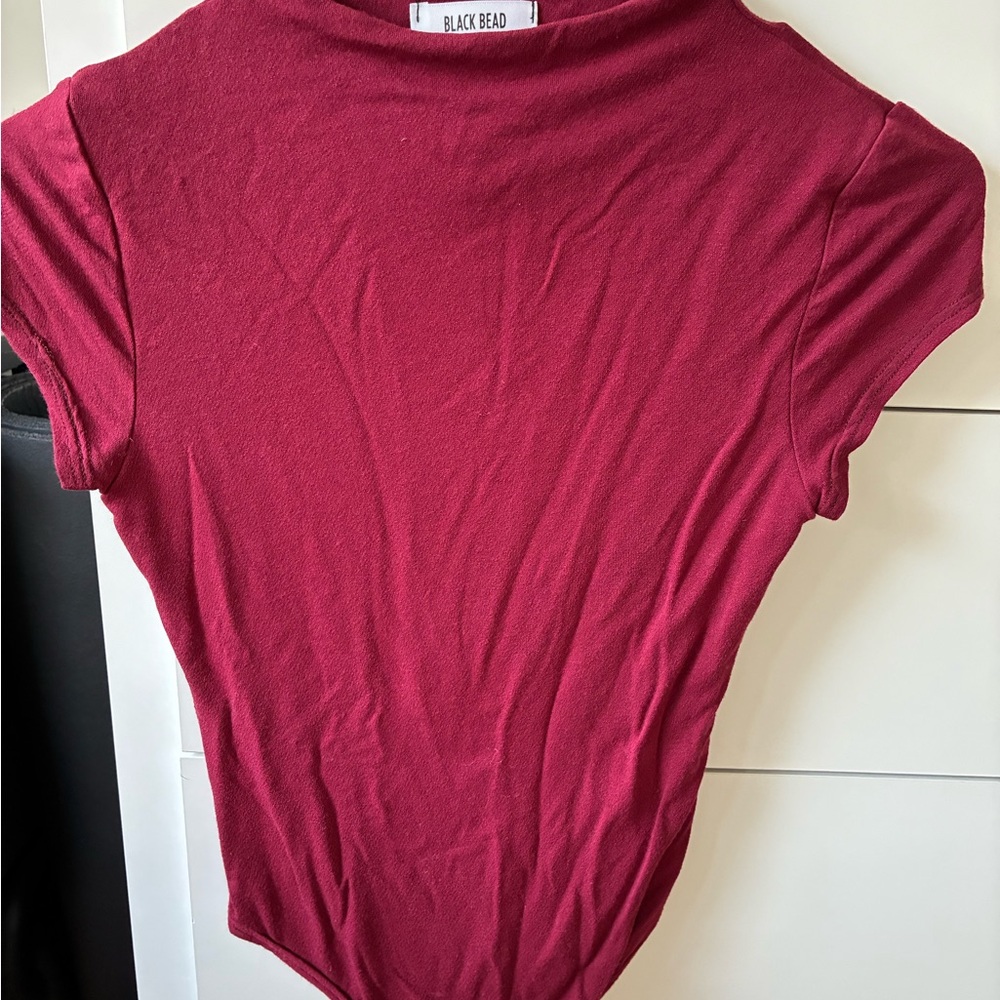 Black Bead Short Sleeve Crewneck Bodysuit in Berry